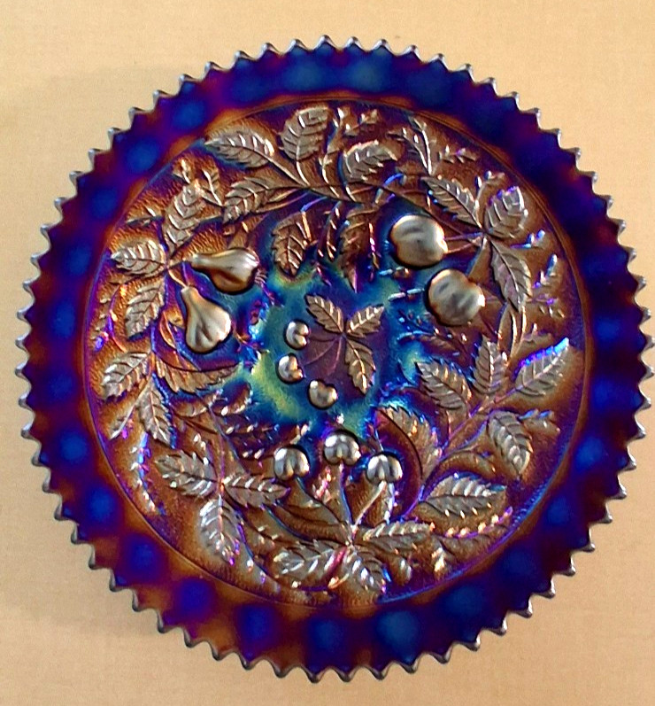 Northwood 9″ AMETHYST 3 FRUITS “STIPPLED” PLATE-BEAUTIFUL BLUE INTERIOR–