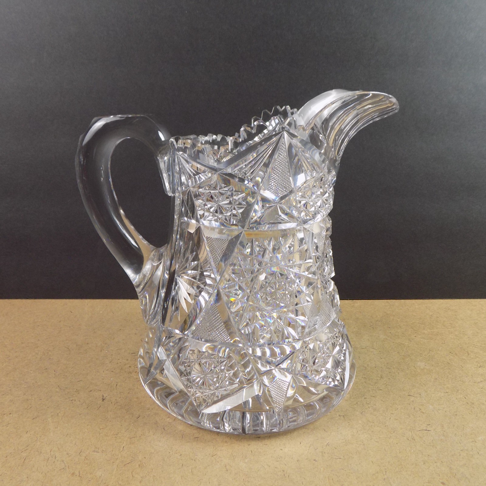 Antique American Brilliant Cut Glass Pitcher Hobstars VGC 8.25″ Tall Beauty!