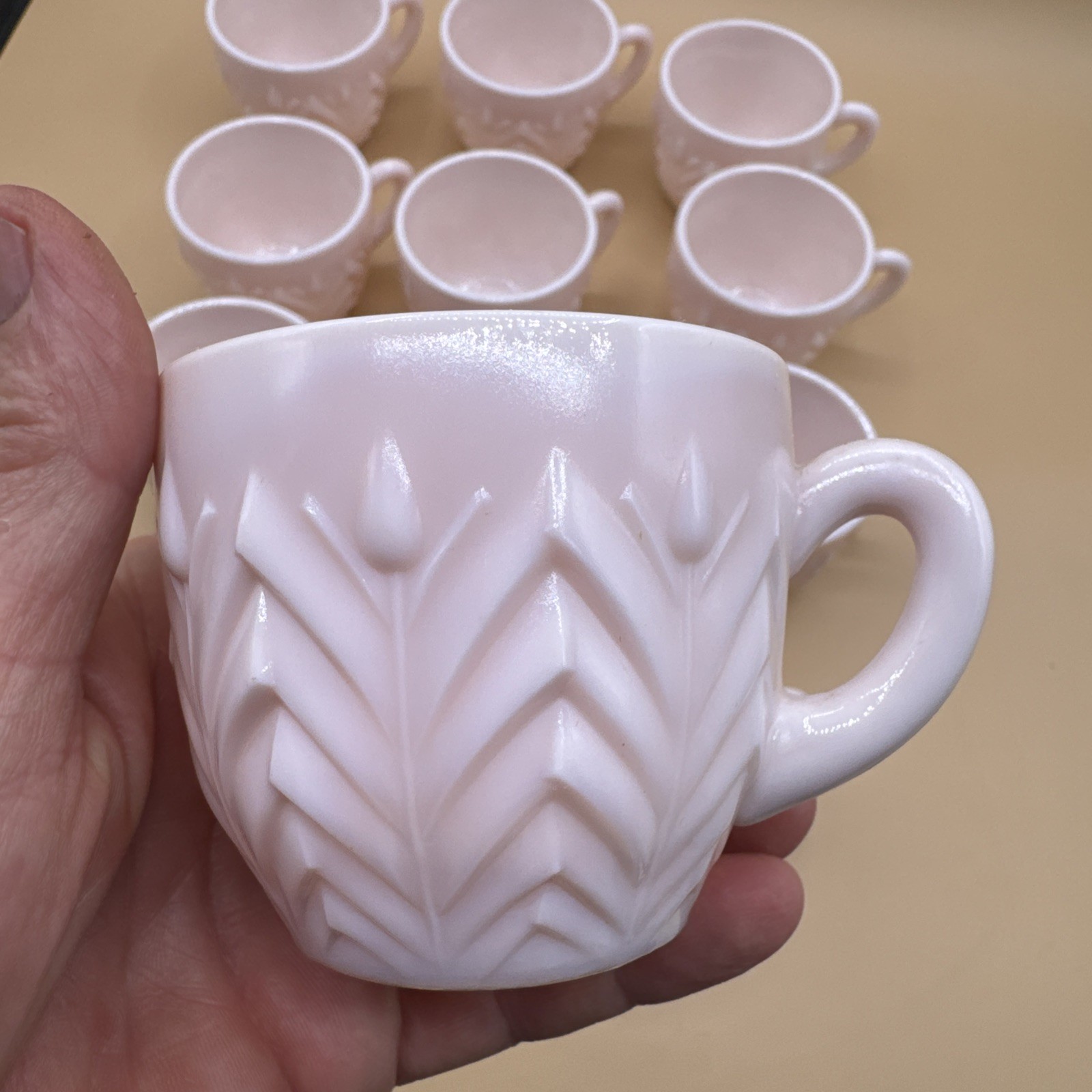 Jeannette Shell Pink Milk Glass Feather Pattern Set of 11 Mid-Century Modern