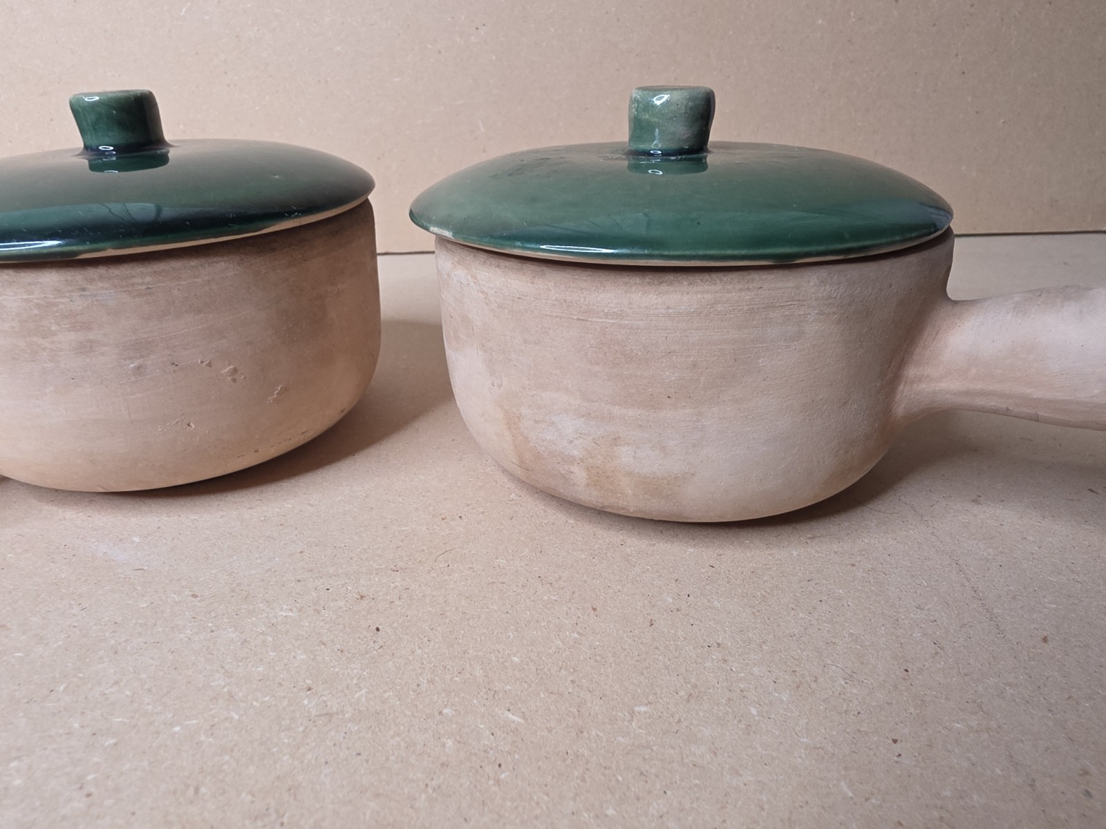 La Solana Pottery Natural Clay Body Green Lid & Body Made 1940/50’s Casserole X2