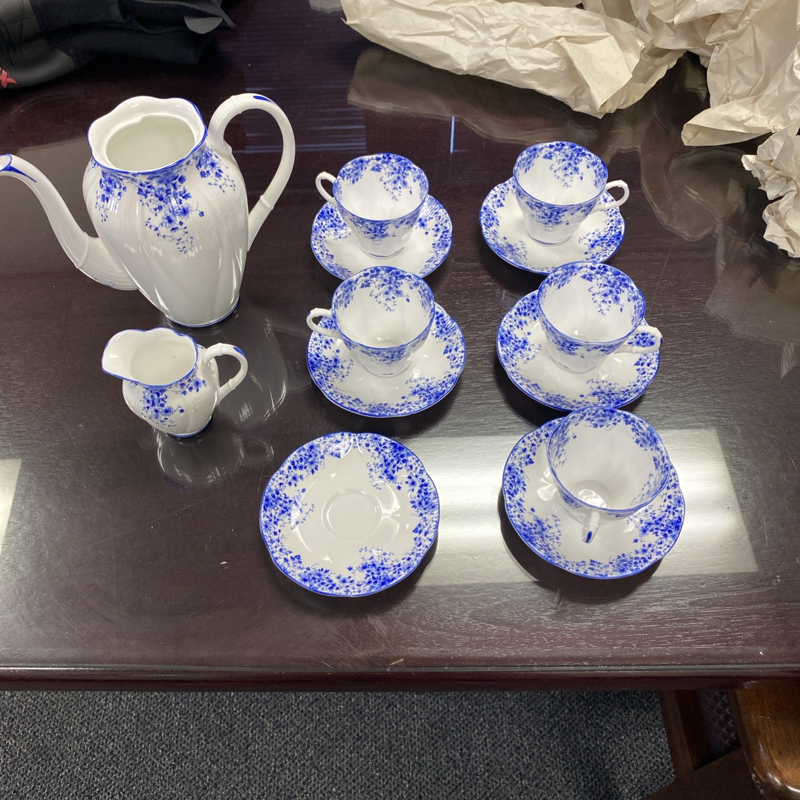 Lot of Royal Albert Dainty Blue 5 cup and saucer sets / 1 creamer / 1 pitcher