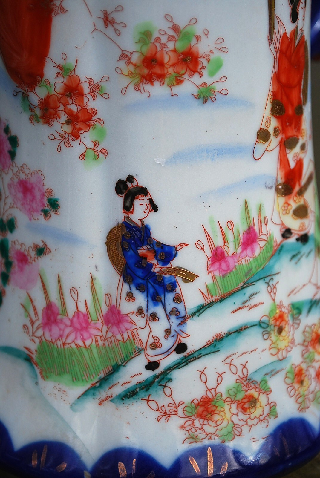 Antique Hand Painted Porcelain JAPANESE GEISHA SCENE Chocolate Pot w/ Lid COBALT