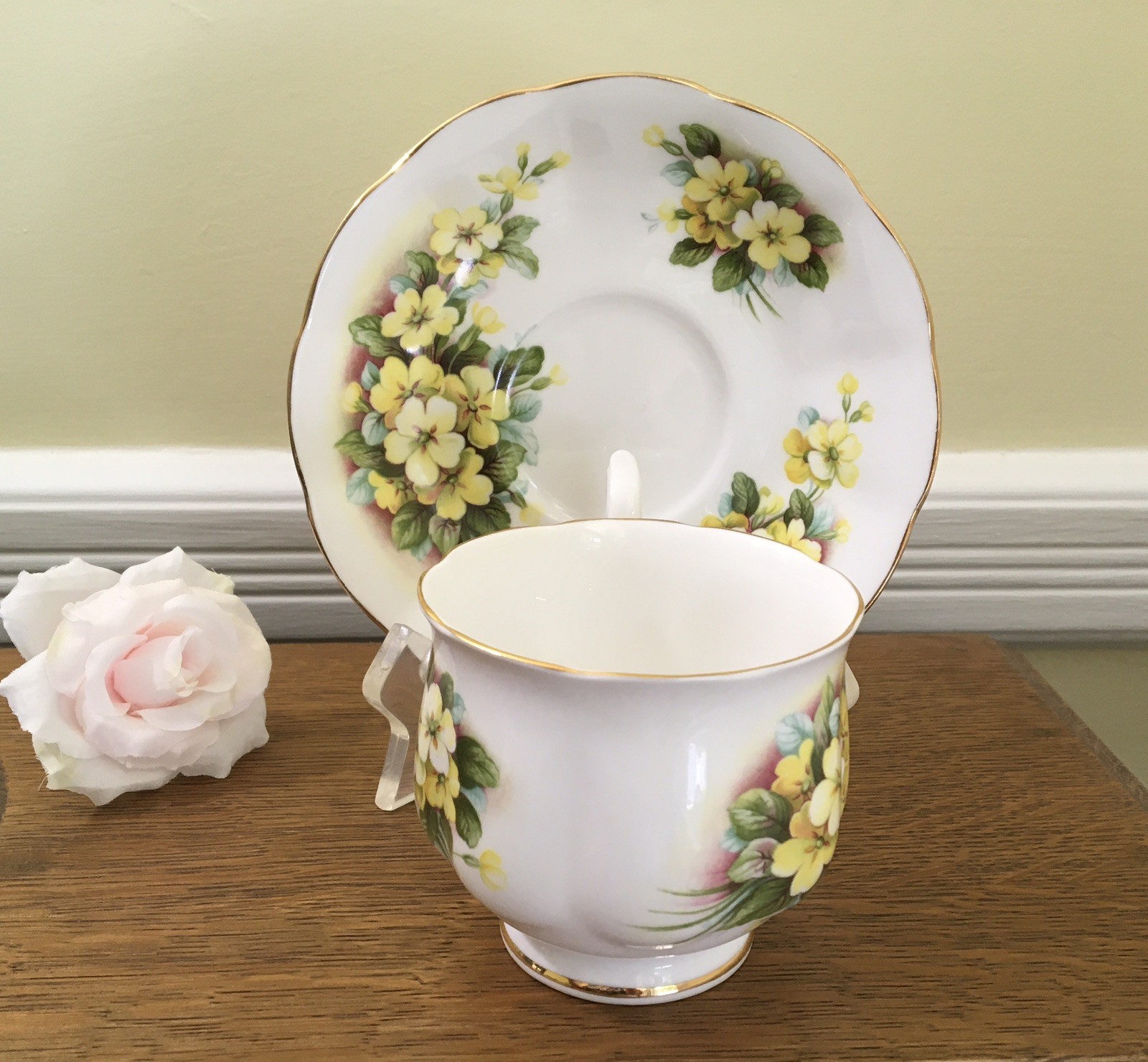 Royal Albert Teacup Saucer Set Bone China Yellow Primrose England Vintage 1960s