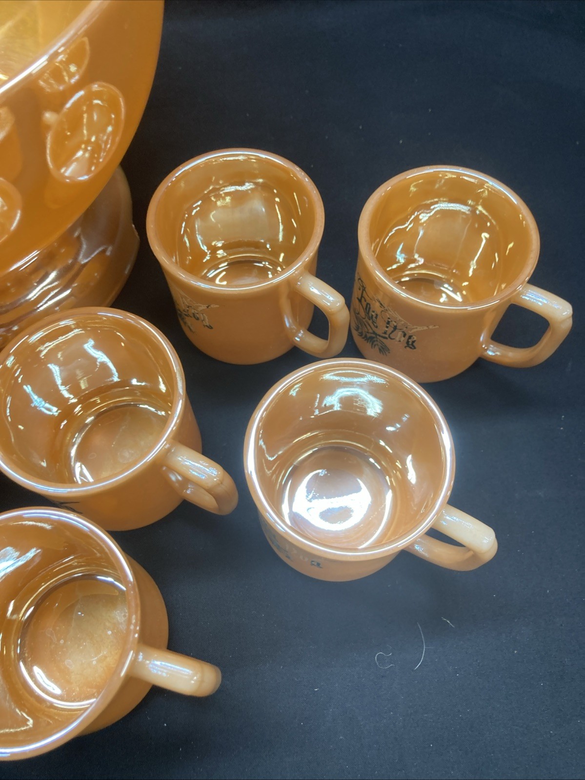 eggnog punch bowl set vintage Tom & Jerry Peach Luster Fire King W/stand 12 Cups