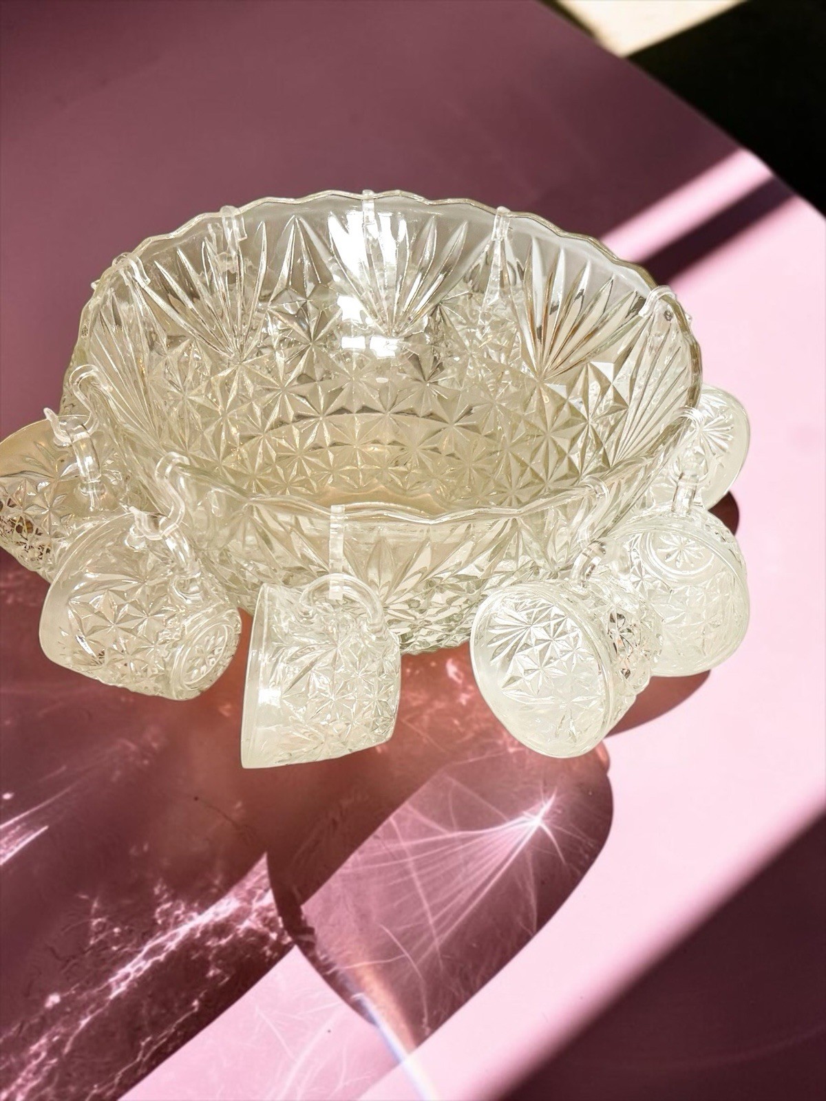 Vintage Pressed Glass Punch Bowl Set with 10 Matching Cups – Starburst/Diamond