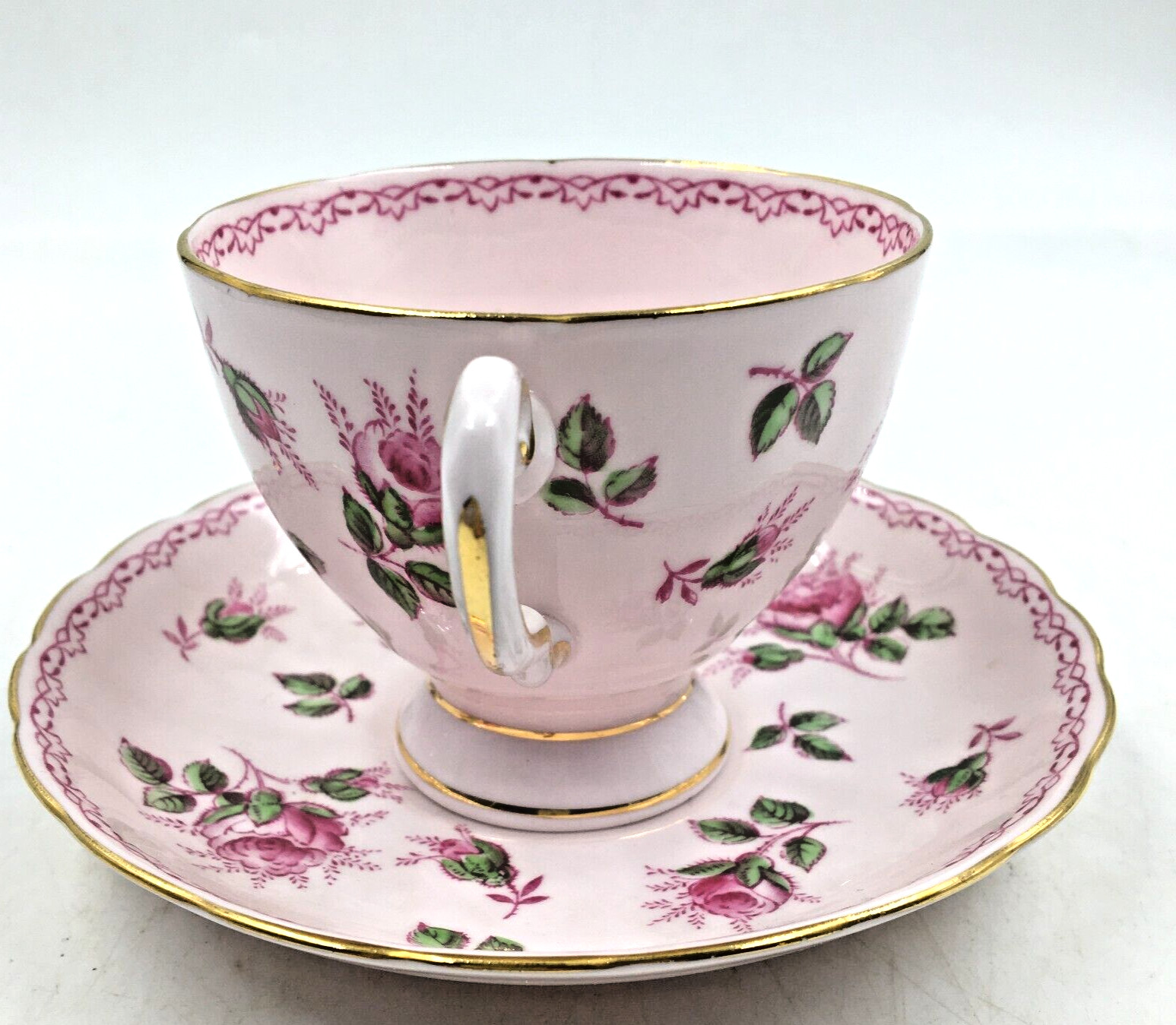 Vintage TUSCAN Fine Bone China Pink ROSEBUD Footed Cup & Saucer Set Gold #497H
