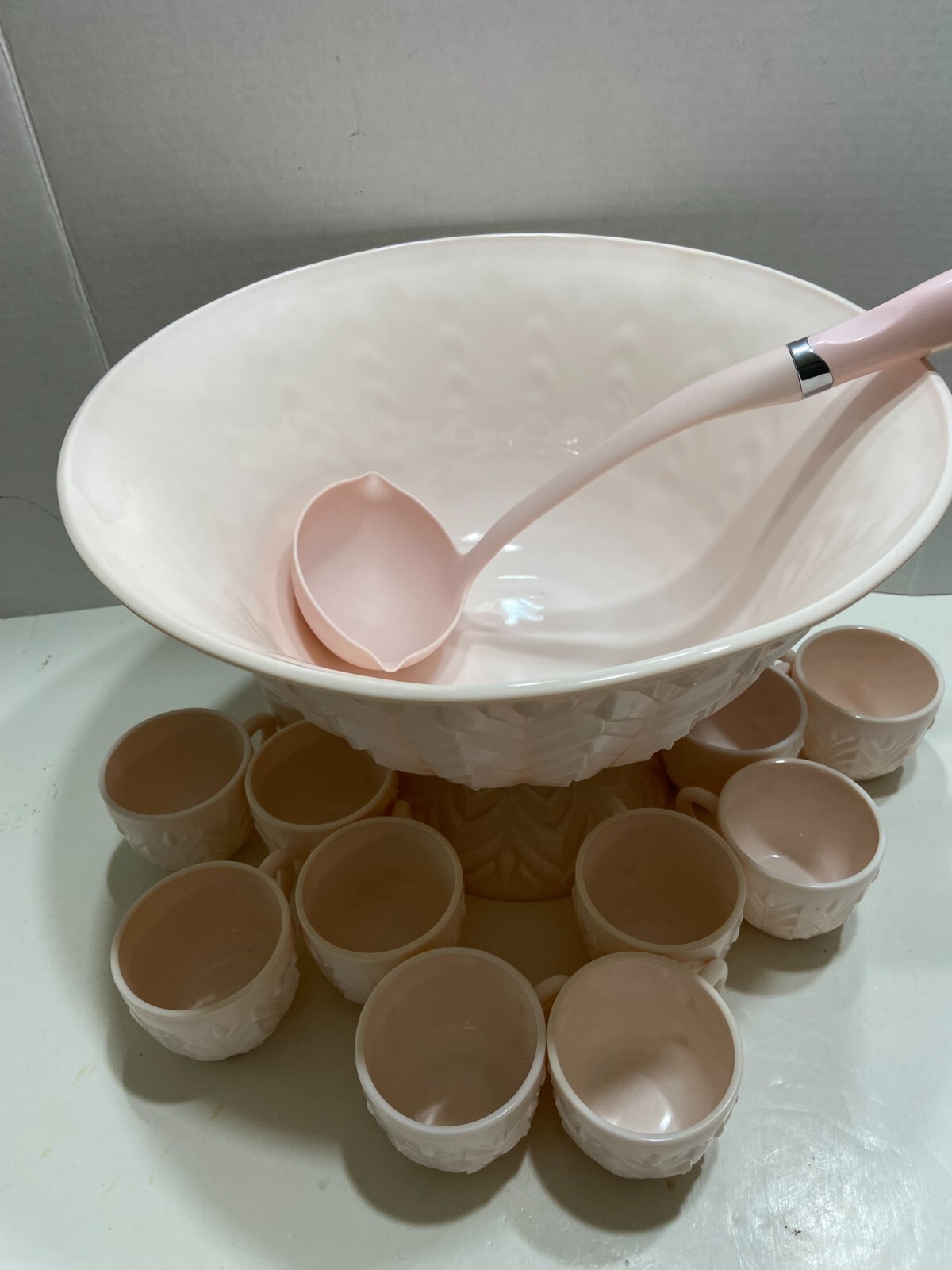 Jeannette Shell Pink Milk Glass Punch Bowl Set with Base and 12 cups Vtg 1950’s