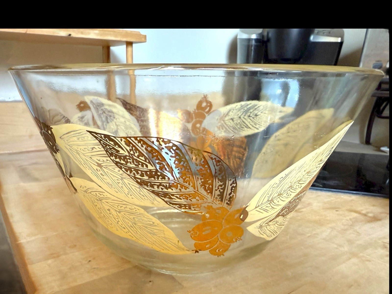 Vintage MCM Glass Snack Bowl Anchor Hocking Retro Gold Painted Fruit and Leaves