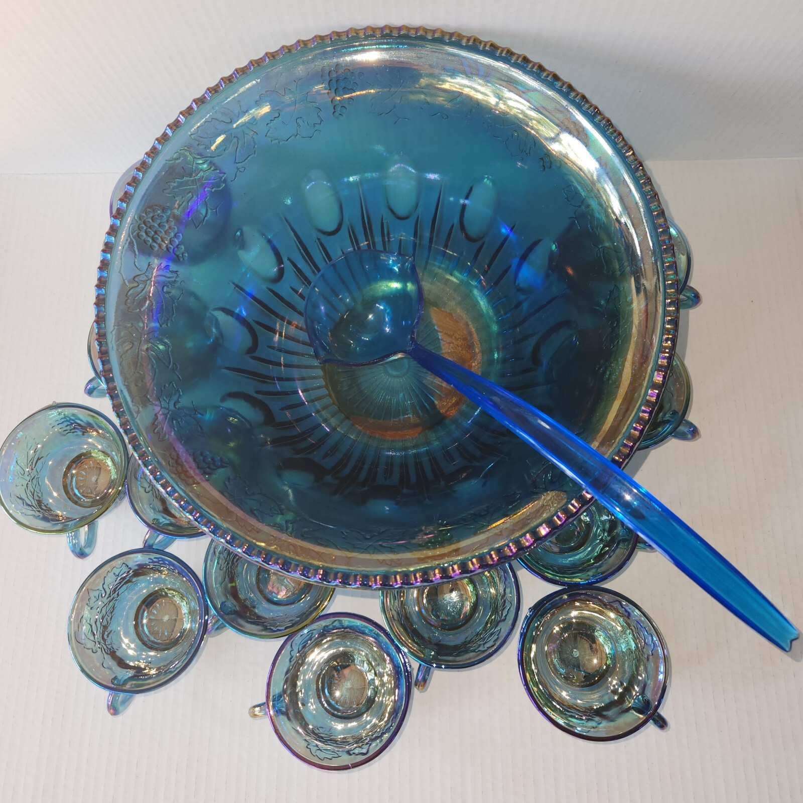 Vintage Indiana Glass Grape Harvest Punch Bowl Set Princess Blue Iridescent 14pc