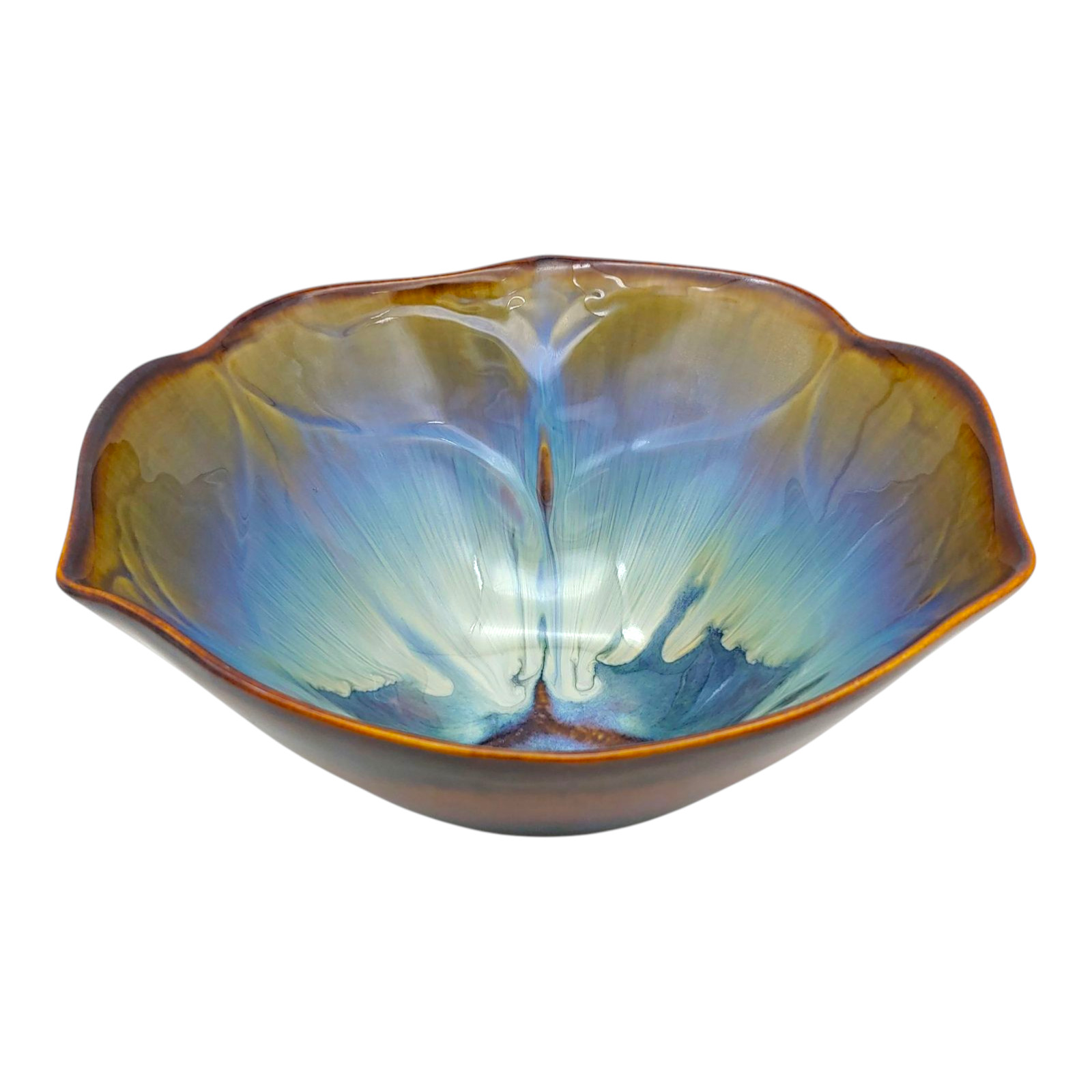 Bill Campbell Studio Pottery Lotus Bowl – 9″ Large Blue Brown Drip Glaze Signed
