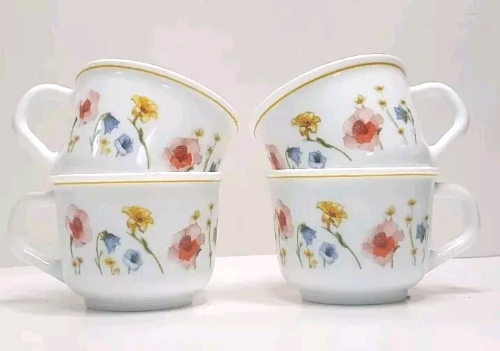 Arcopal France – Milk Glass Tea Cups Hibiscus, Lily, Bluebell Flowers – Set of 4