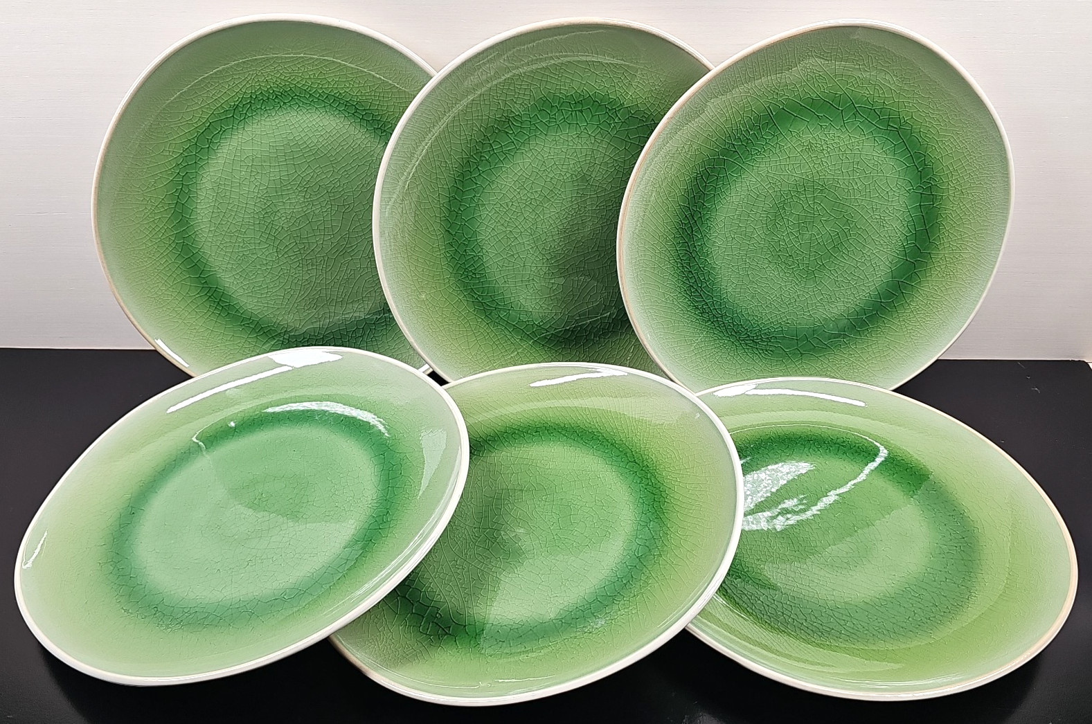 6 Roscher Crackle Glass Green Dinner Plates Set Elegant Stoneware Table Dish Lot