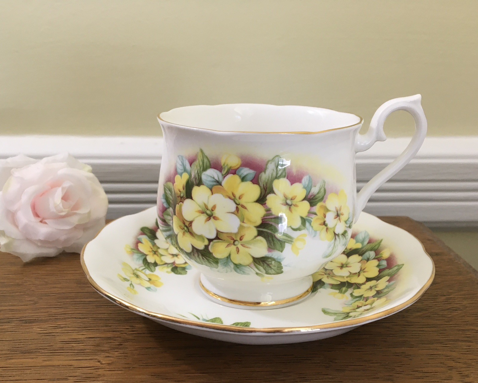 Royal Albert Teacup Saucer Set Bone China Yellow Primrose England Vintage 1960s
