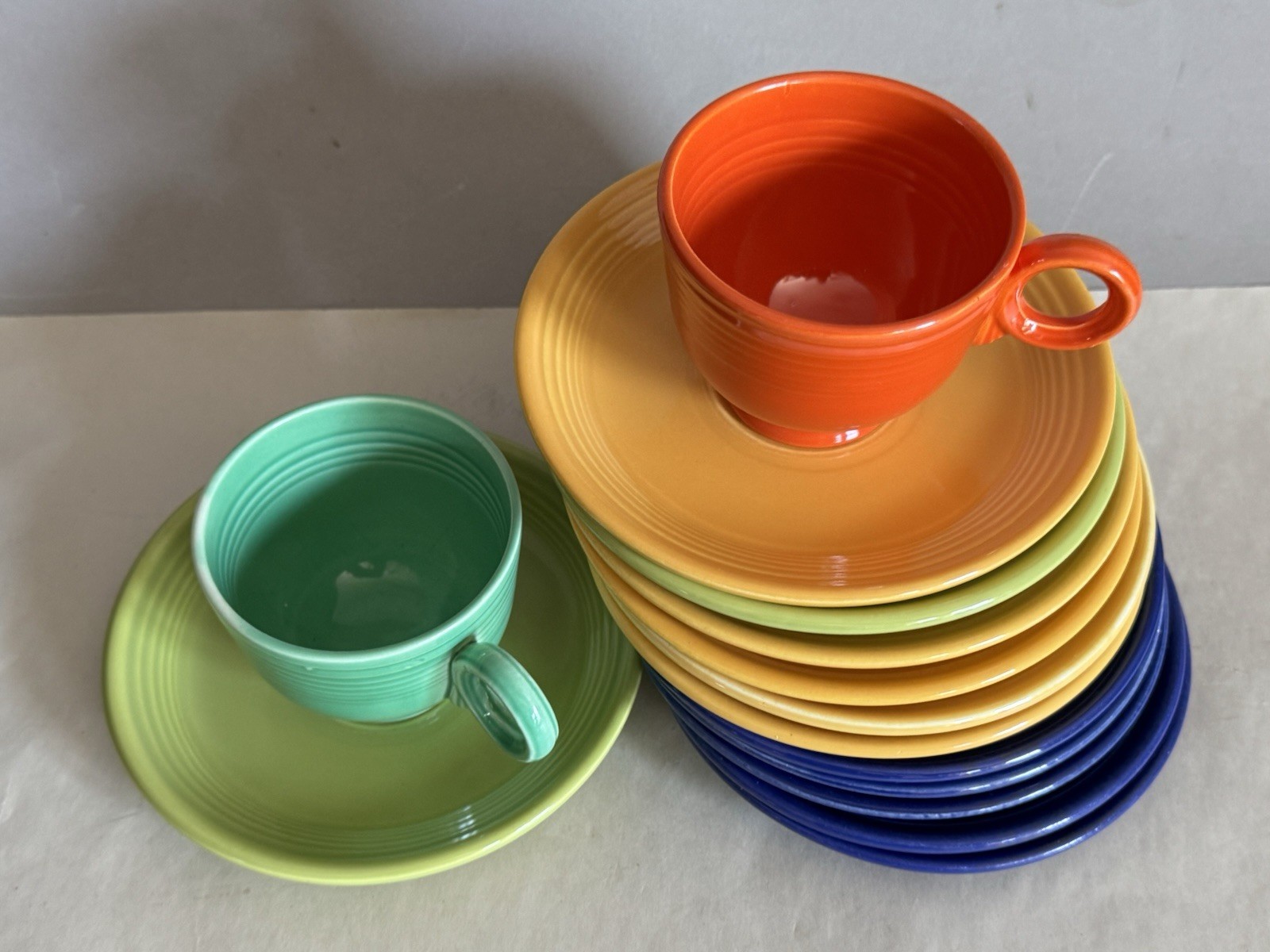 14pc FIESTA Homer Laughlin 2 Cups 12 Saucers Red Yellow Cobalt Lt Green Chartre