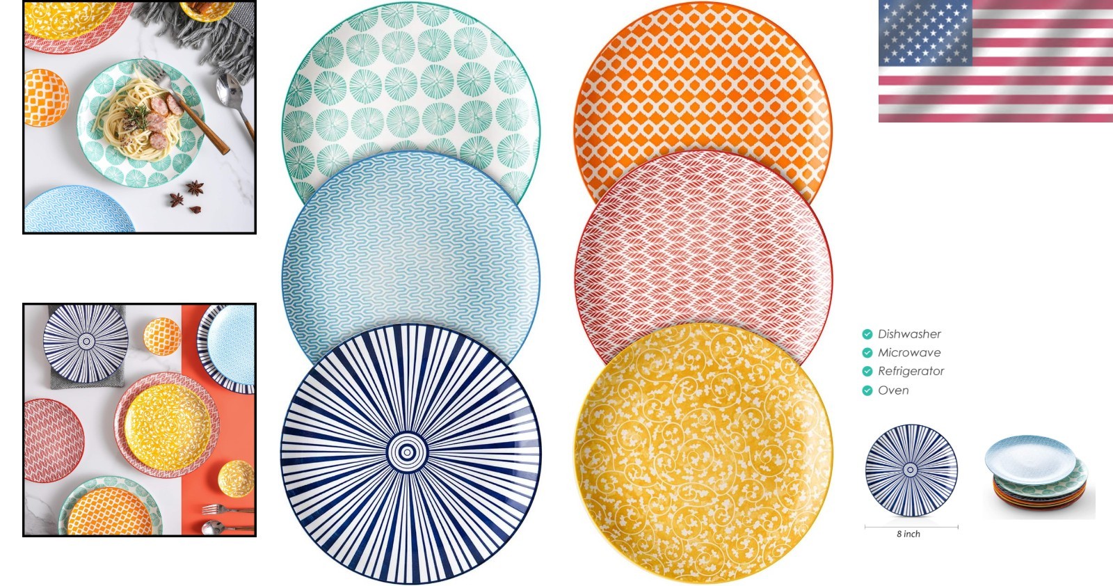 Unique Floral Design: 8-Inch Lead-Free Porcelain Plates, Set of 6 Vibrant Colors