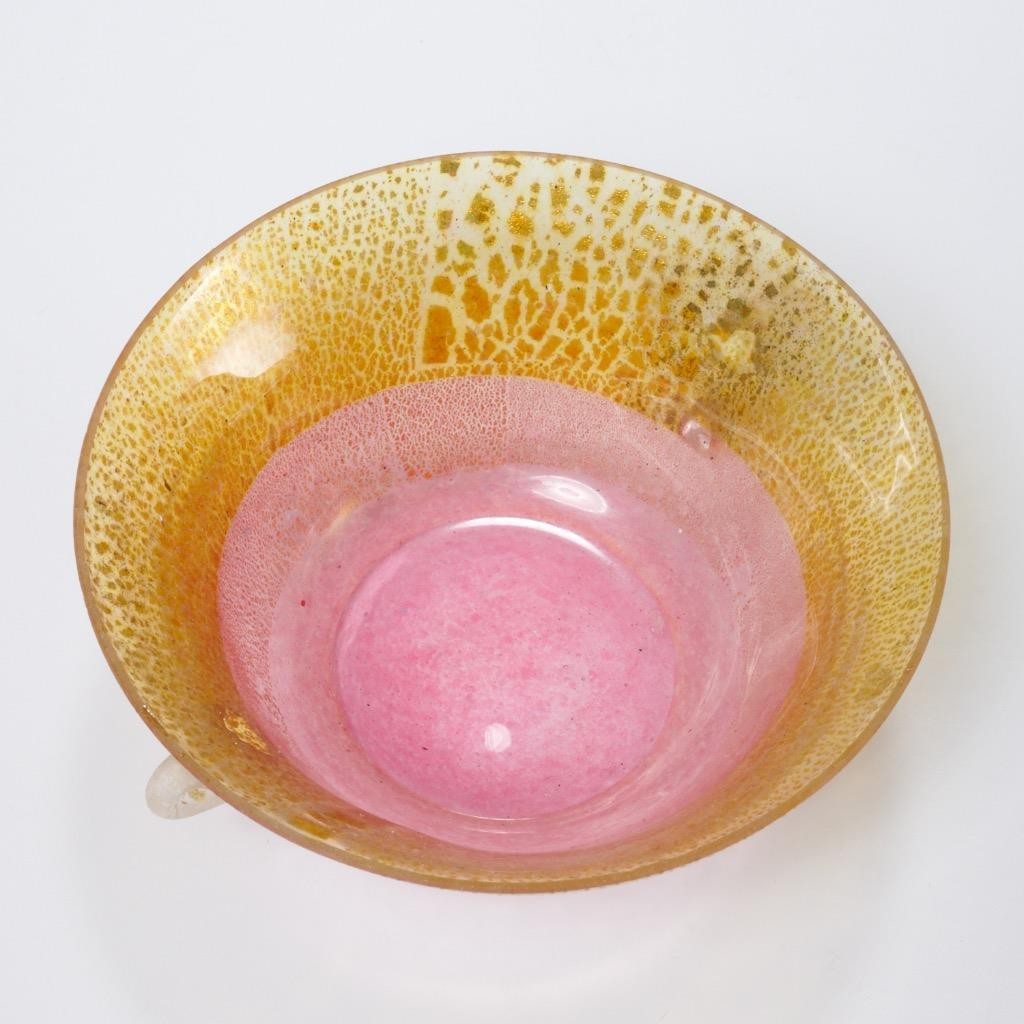 Gambaro Poggi Small Pink Aventurine Footed Handled Glass Bowl Murano 4.25″dia