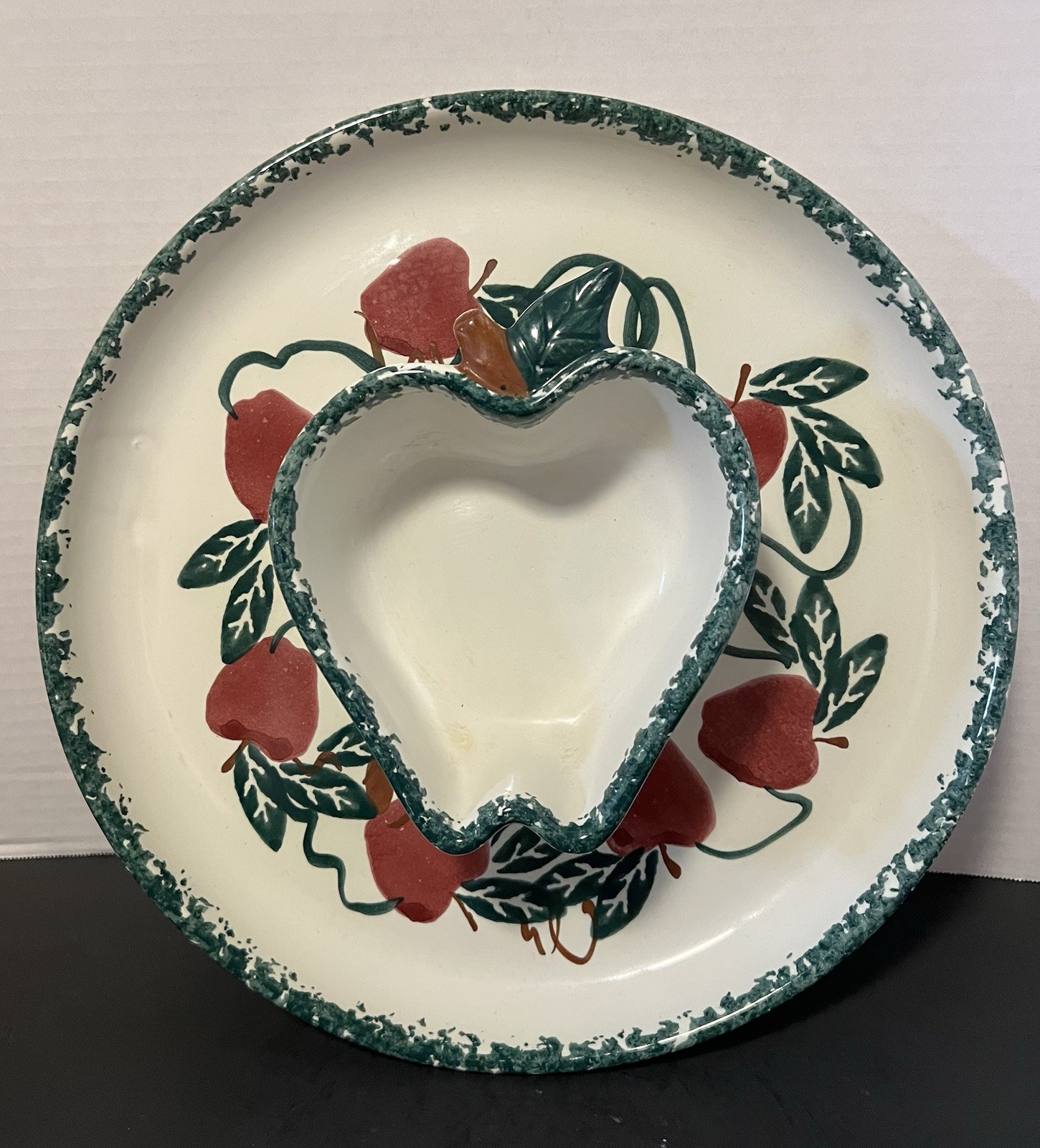 Apples & Ivy Serving Platter 2 Section Attached Spongeware 11” Chaparral Pottery