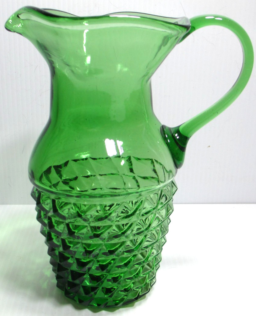 Vintage Glass Pitcher Emerald Green Diamond Point Cocktail Barware 7 7/8″ Tall
