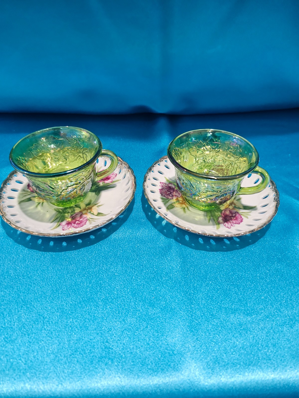Set of 2 Green Glass Teacups & Bone China Saucers Miss Matched