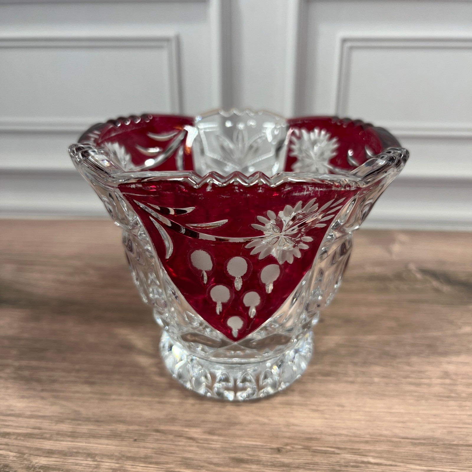Evita Crystal 3pc Bowl Vase Set Red Clear 24% Lead Crystal Ruby Cut to Clear