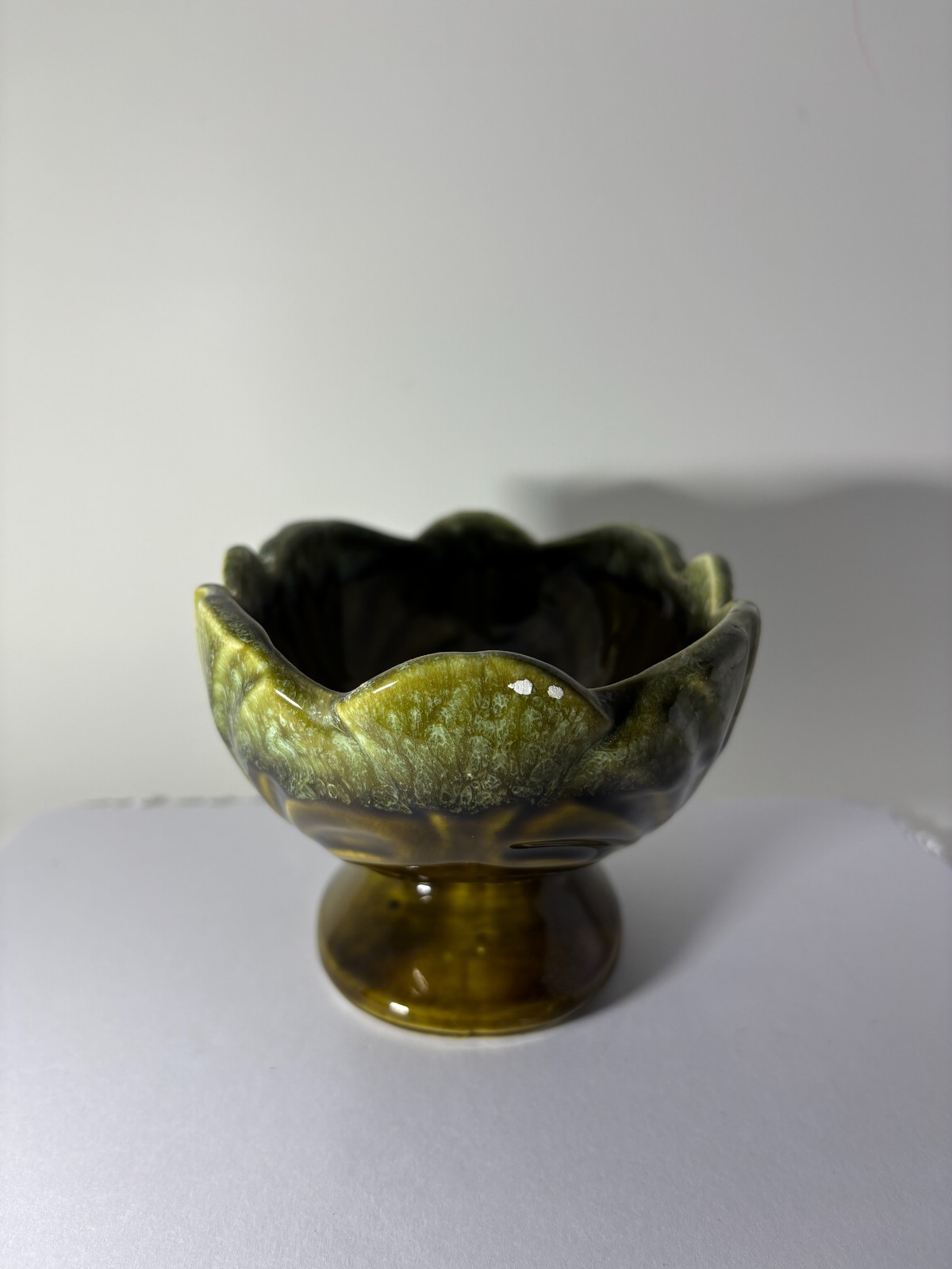 Vintage MCM Green Drip Glaze Footed Compote Bowl – Scalloped Leaf Design
