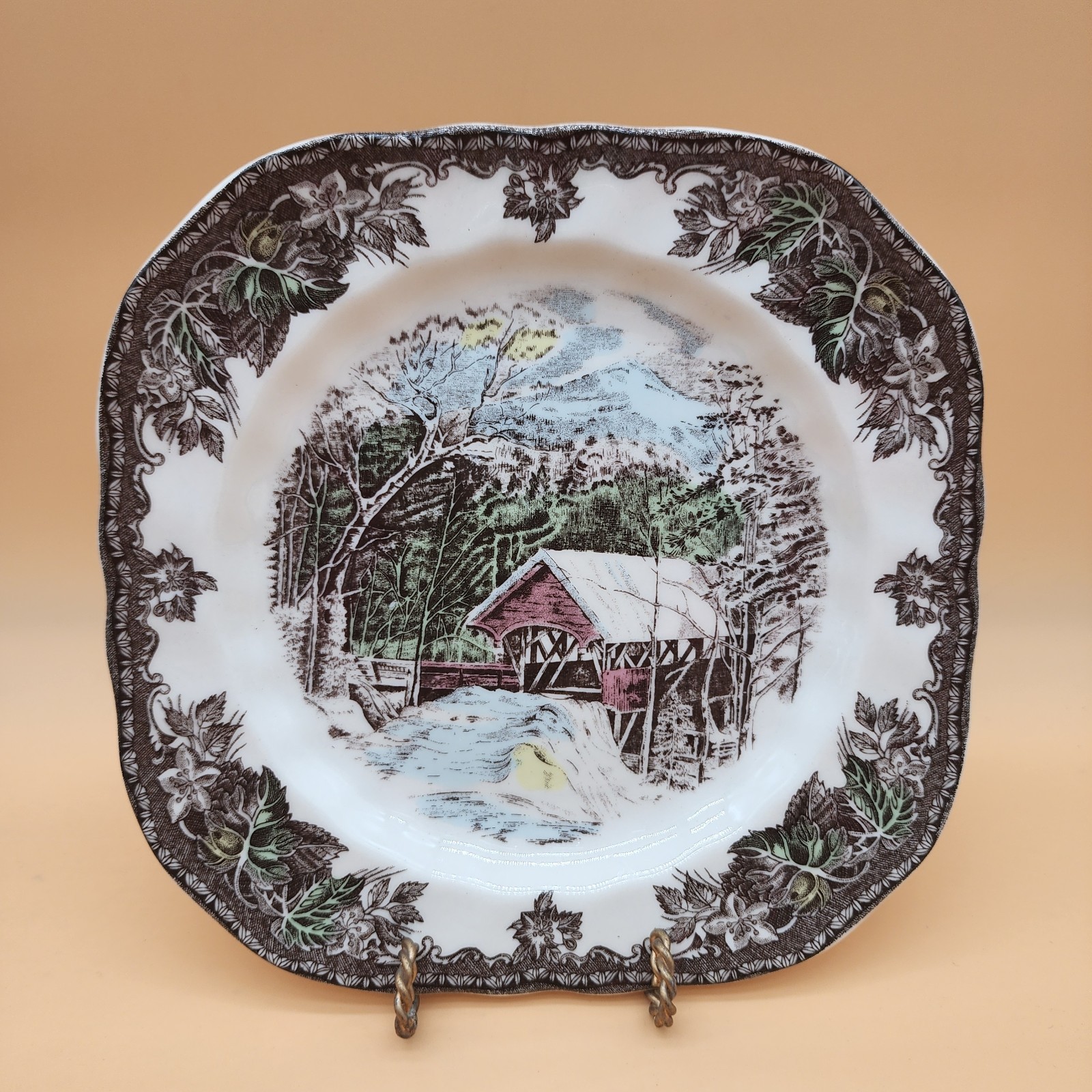 2 Johnson Brothers Friendly Village Covered Bridge Square Salad Plates-7.1/2″