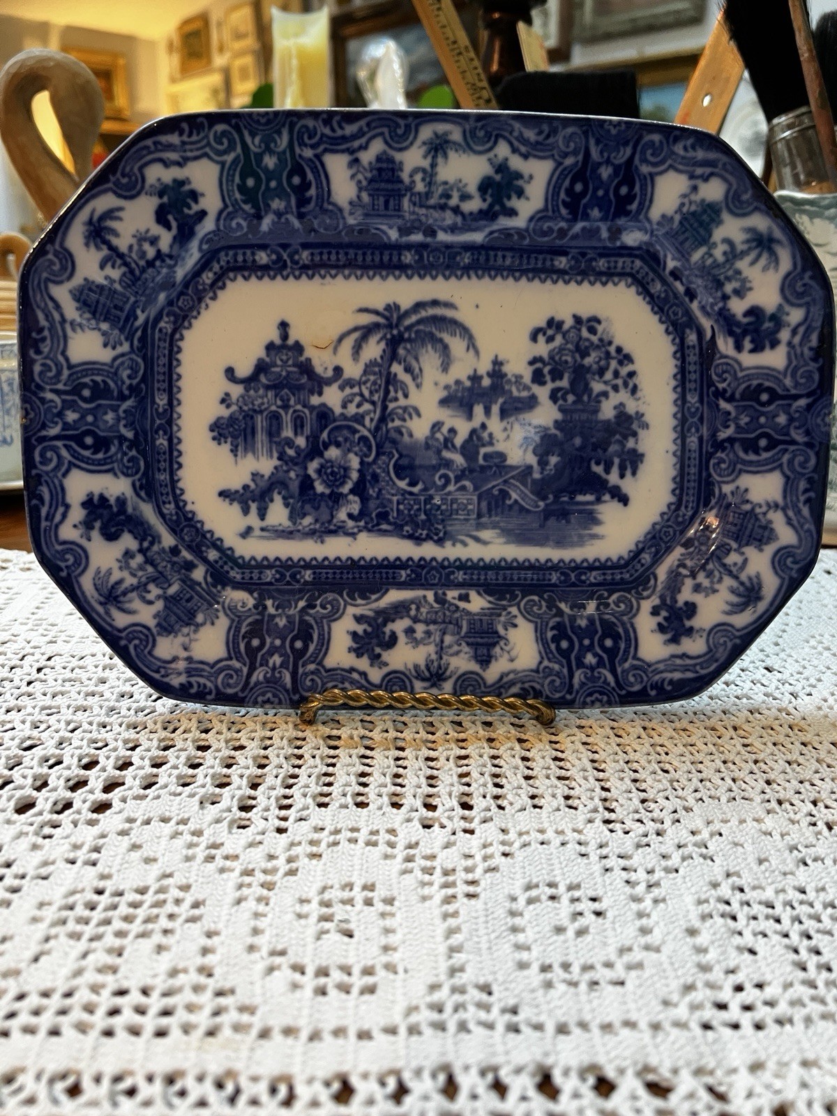 W Adams & Co. KYBER Flow Blue Transferware 7.5”x 10” Octagon Platter 1879-1910