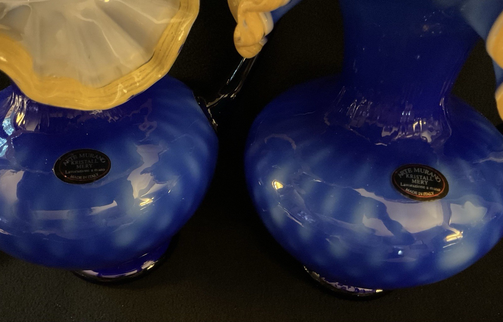 2 MCM Arte Murano Kristall Mery Cobalt Blue Pitcher W/Yellow Ruffled Rim 8.5