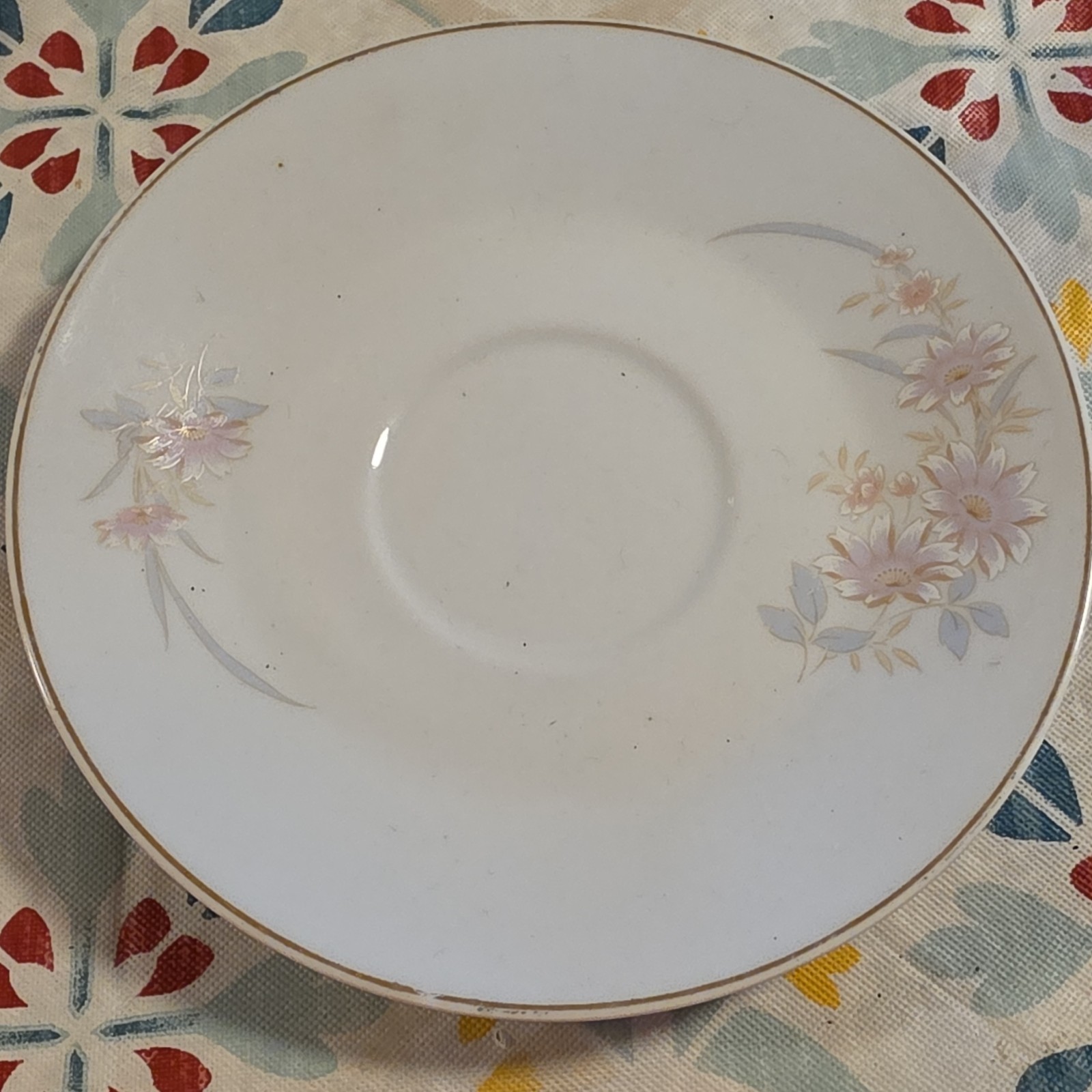 Ceramic Floral Saucer White Pink Green with Gold Rim, Round Decorative