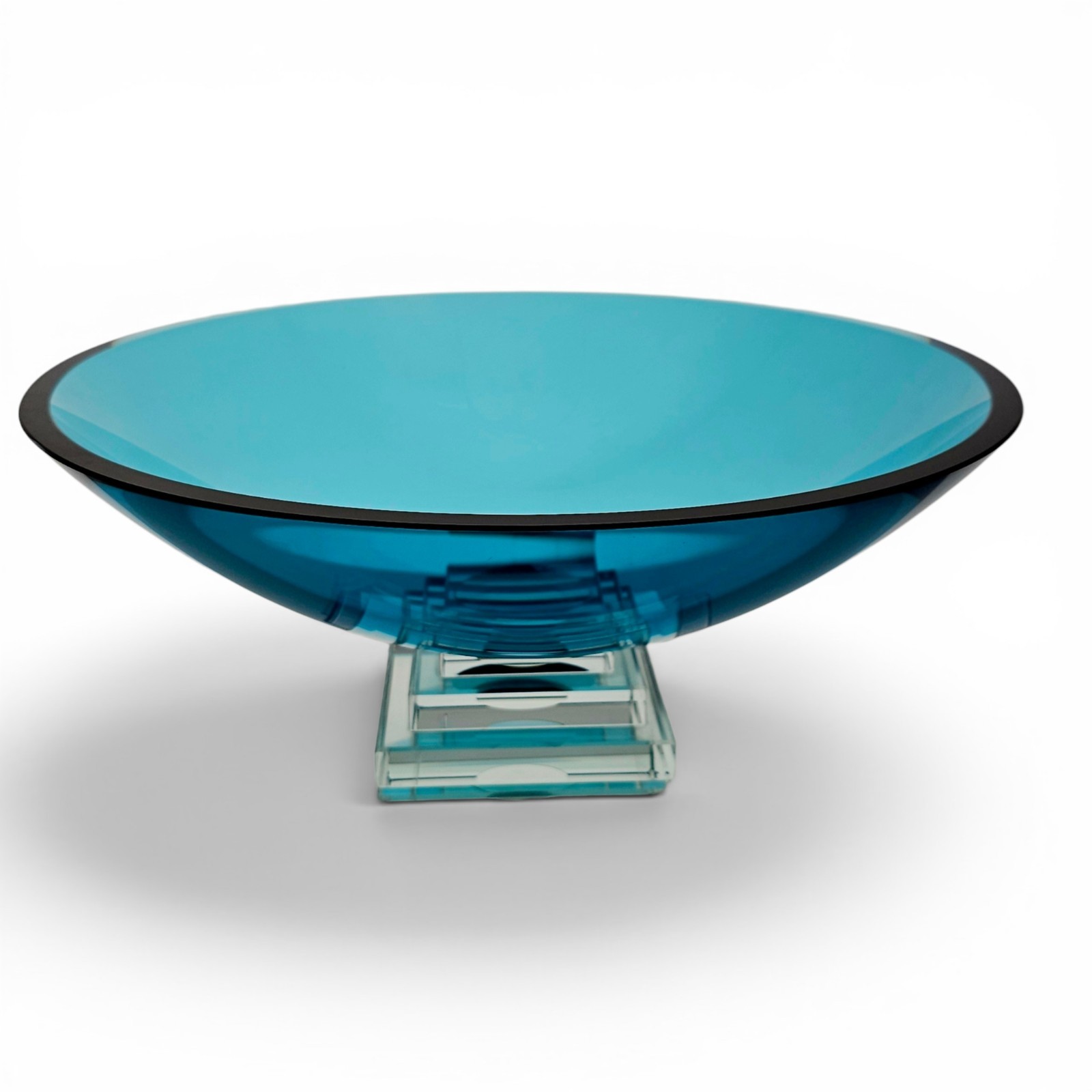 Stephen Schlanser Eclipse Bowl Signed 1992 Aqua Art Glass Centerpiece 16″ Mint
