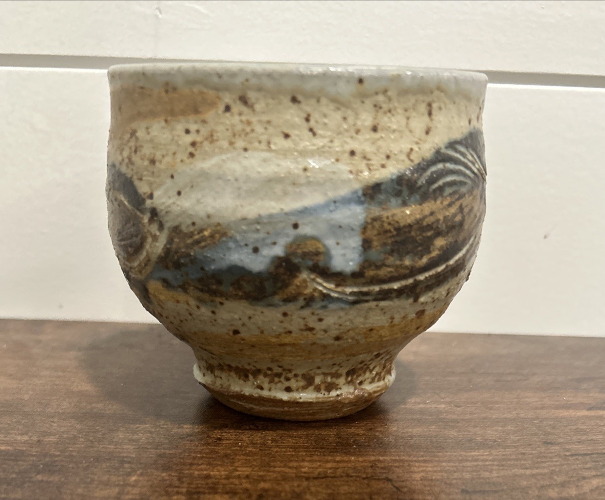Pottery Tea Tea Bowl/Cup Signed Etched Abstract Blue, Gray, Brown, Tan