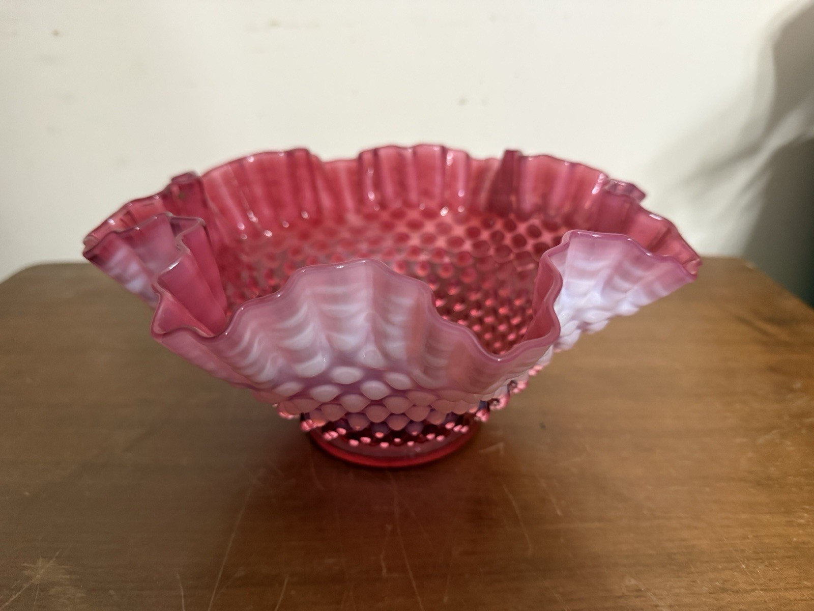 Vintage Fenton Cranberry Opalescent Hobnail Ruffled Bowl 9 & 1/2 inches wide