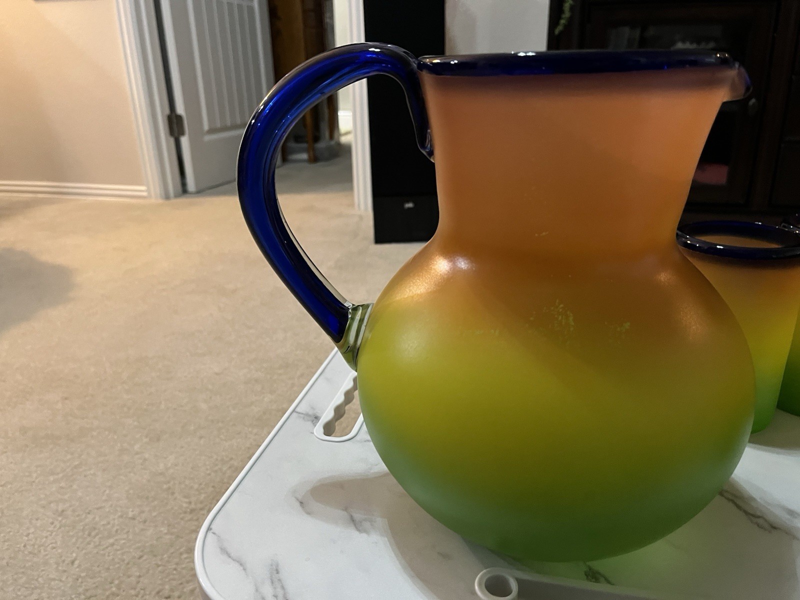 Hand Blown Orange Yellow Green Cobalt Blue trim 6 Tumblers & Pitcher