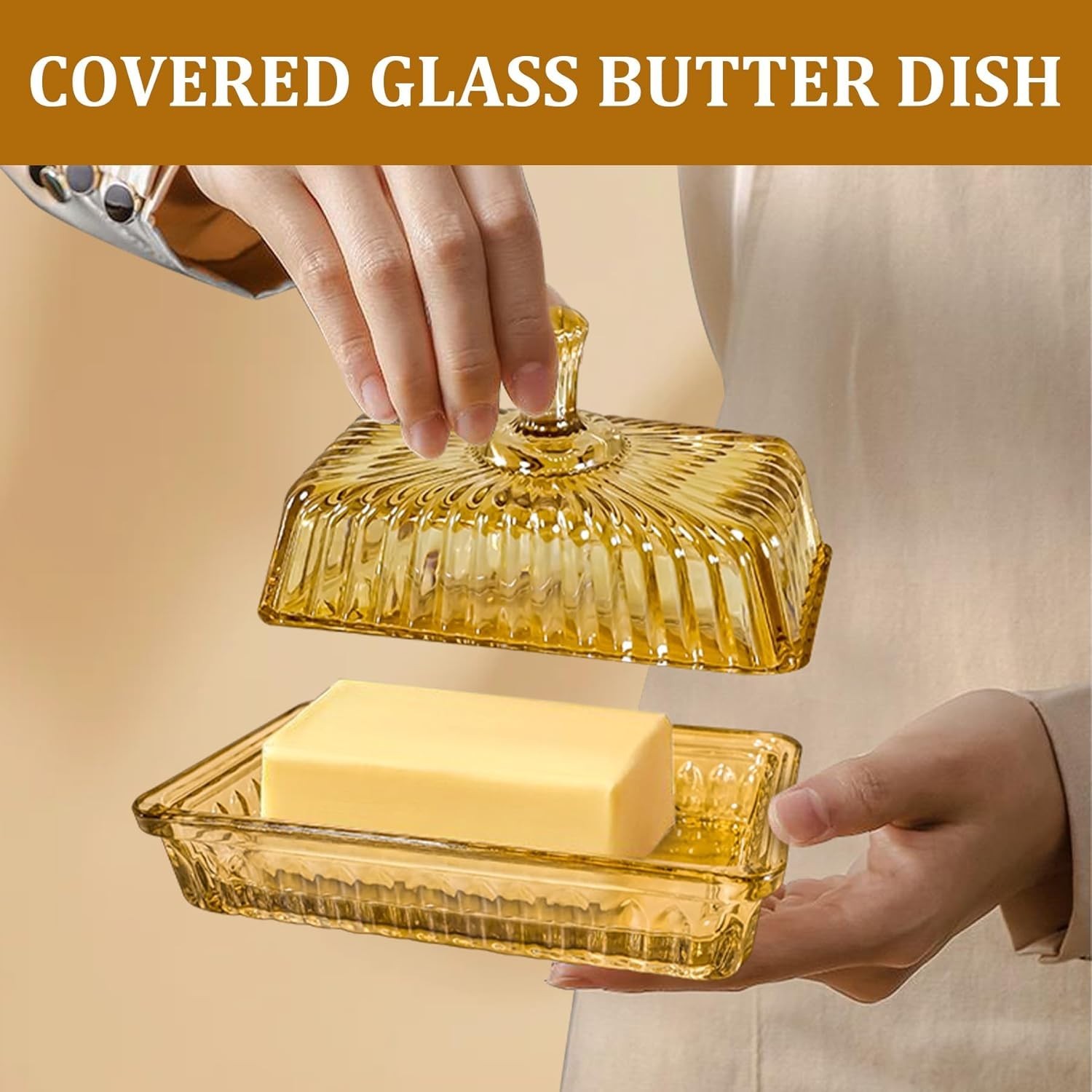 Champagne Color Glass Butter Dish with Lid or Countertop and Refrigerator,Cry…
