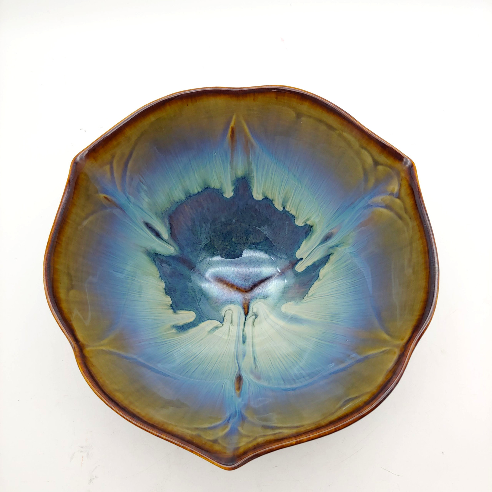 Bill Campbell Studio Pottery Lotus Bowl – 9″ Large Blue Brown Drip Glaze Signed