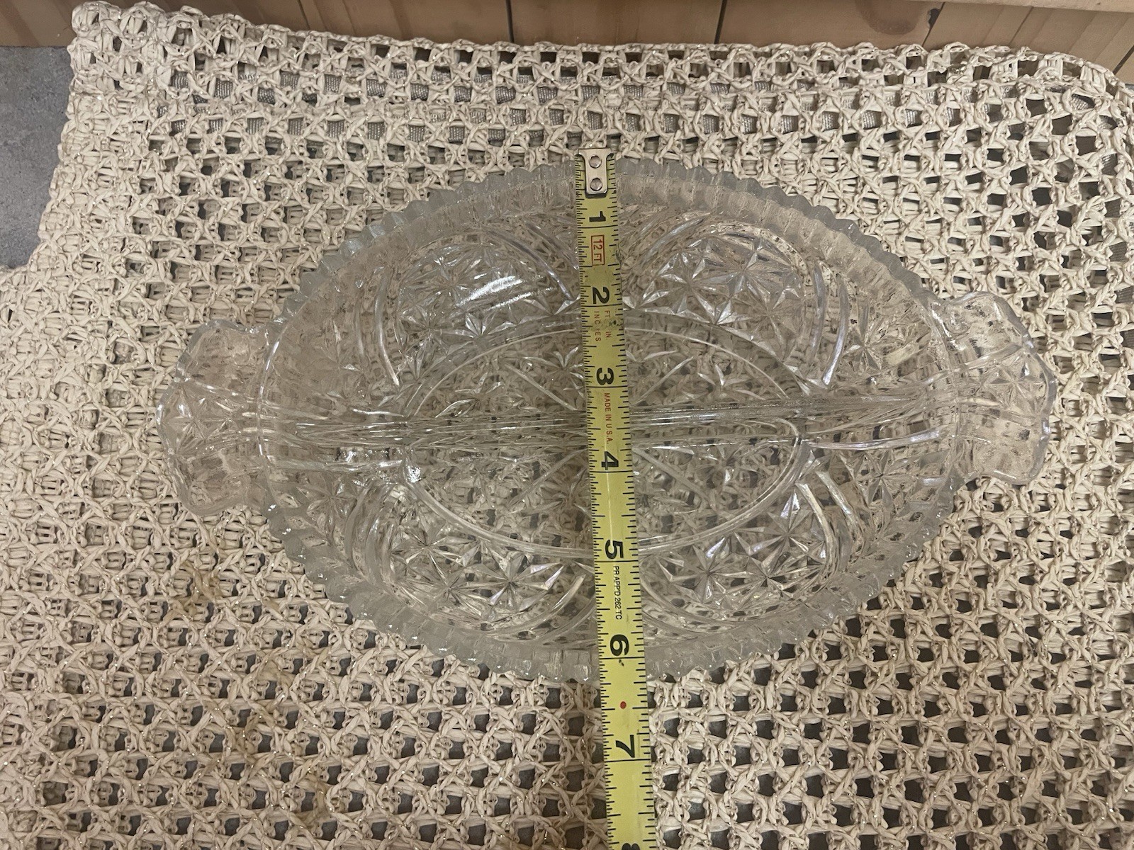 Oval Divided Clear Pressed Cut Glass Relish Candy Dish with Handles 10” Vintage