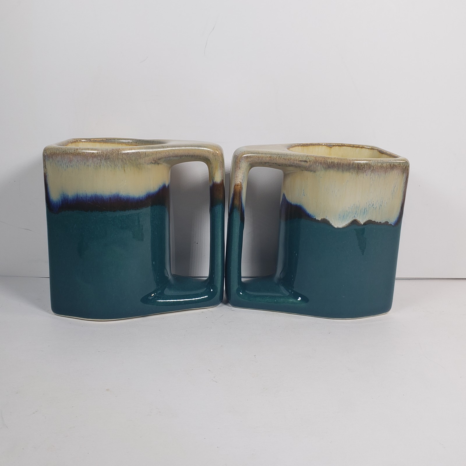 2 Rodolfo Padilla Coffee Mugs Green Blue Beige Drip Glaze Pottery Stoneware READ