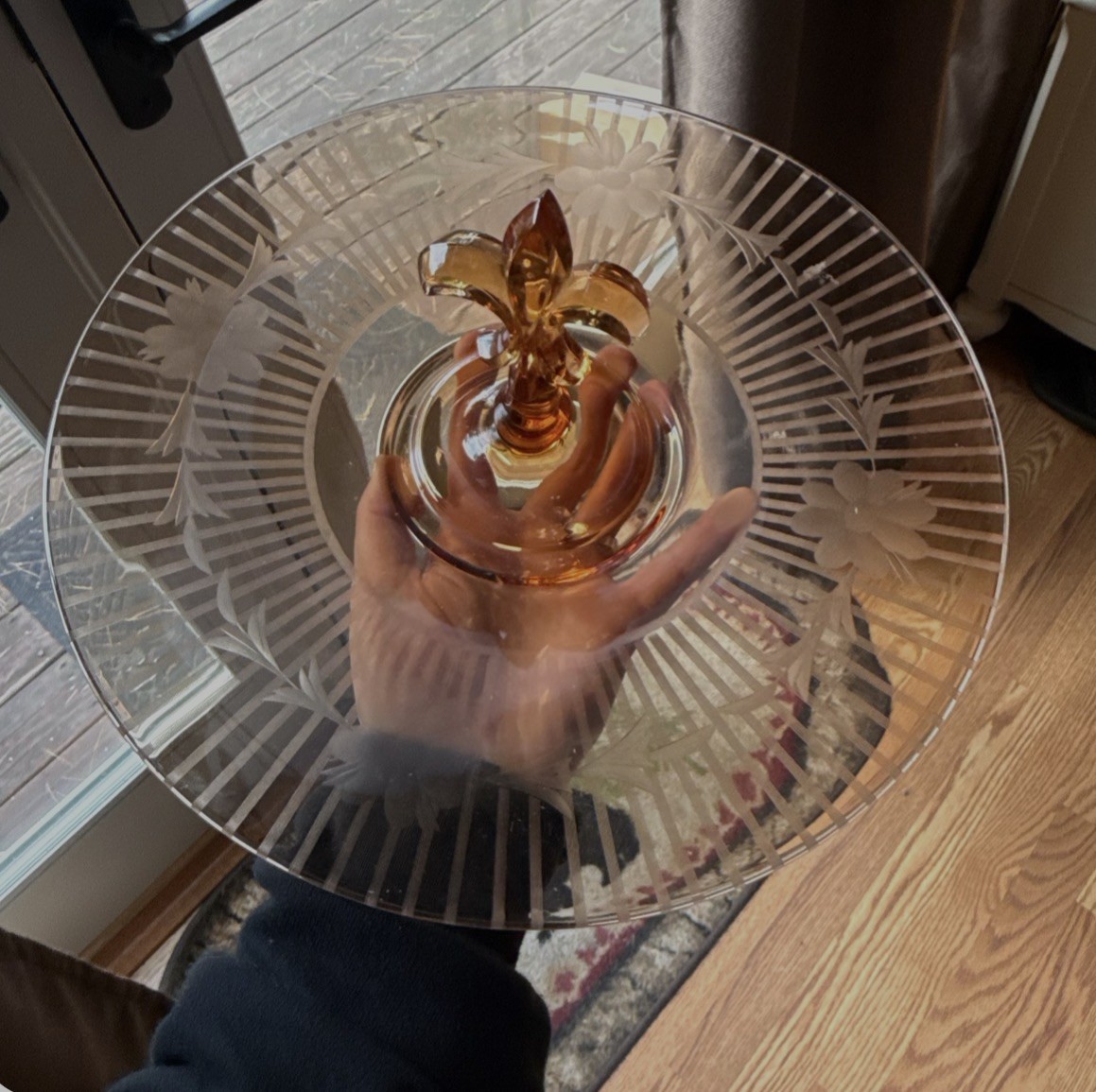 Vtg. Fostoria Etched Amber Glass Sandwich Tidbit Tray Fleur des Lis handle