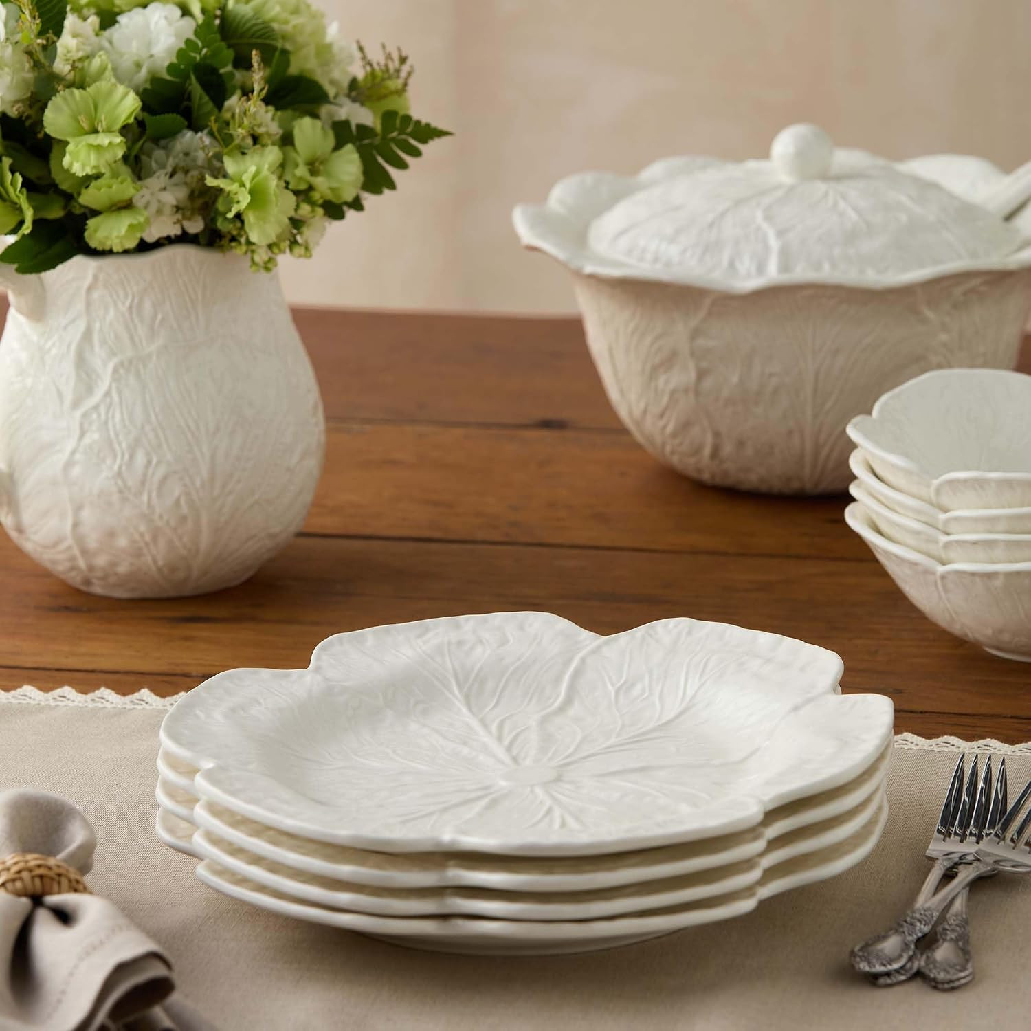 White Cabbage 3-D 11″DINNER PLATES, SETOF 4 – Sculpted Ivory Stoneware Leaf