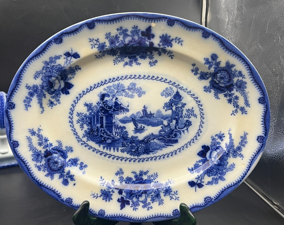 Flow Blue Nankin Oval Platter 15 7/8″ Pearl Pottery-1900’s