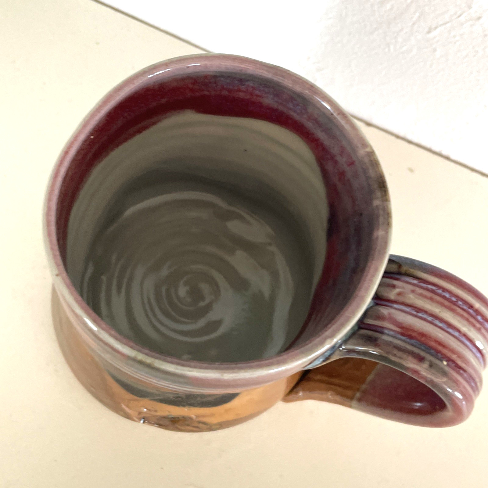 Vtg 15oz Studio Art Pottery Coffee Mug Cup Brown Red Blue Glaze Hand Thrown