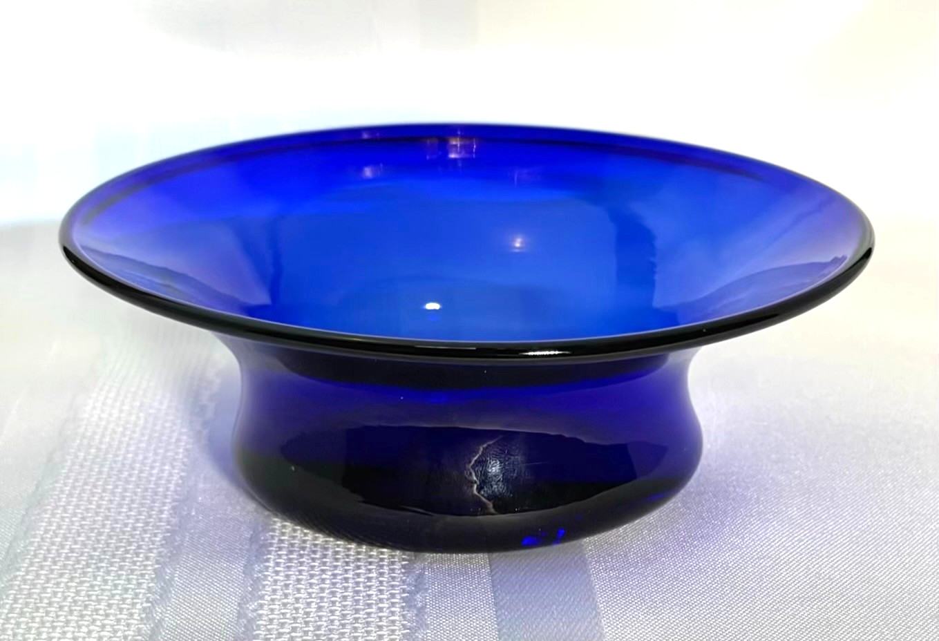 JW Shelton Cobalt Blue Glass Footed Candy Dish Bowl Asymmetrical Signed 5.5×2″