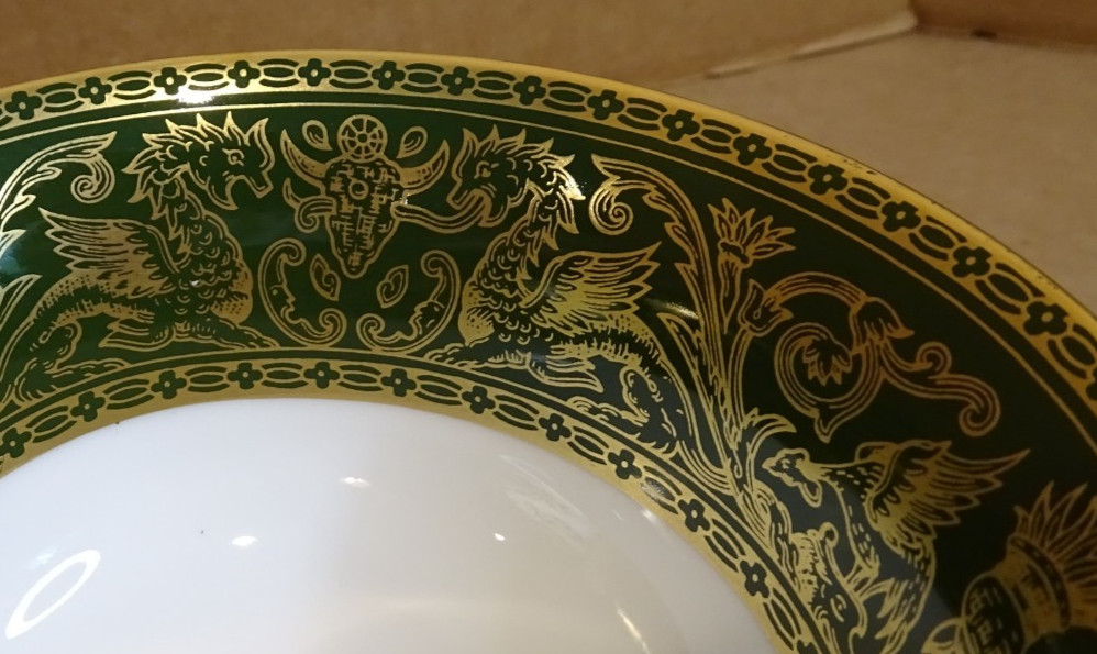 Wedgwood China Florentine W4170 Dark Green Gold 1 Cup and Saucer Set Peony Shape