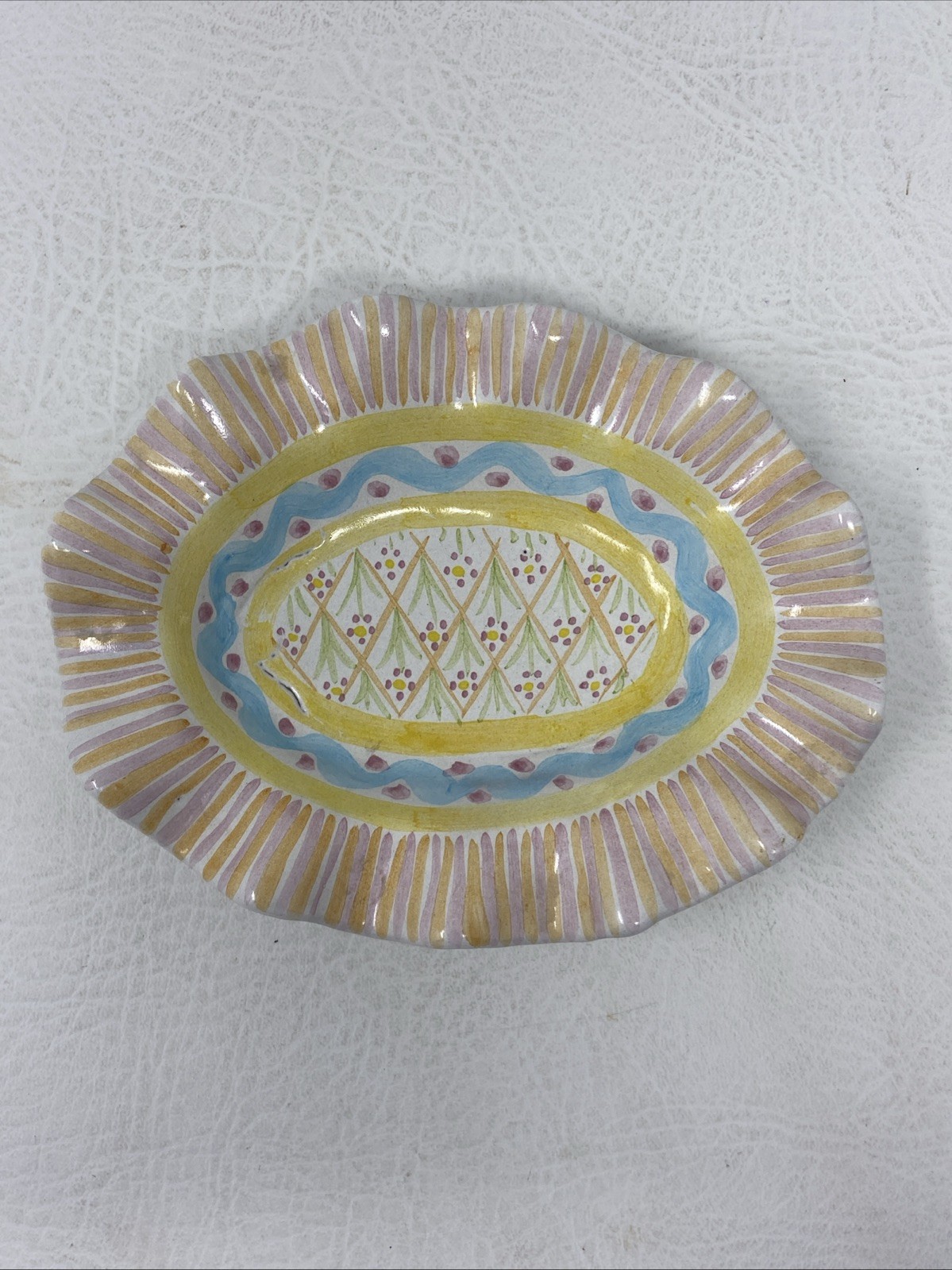 Mackenzie Childs Summer Frock Vintage Fluted Ceramic Oval Soap Dish *Small Flaw*