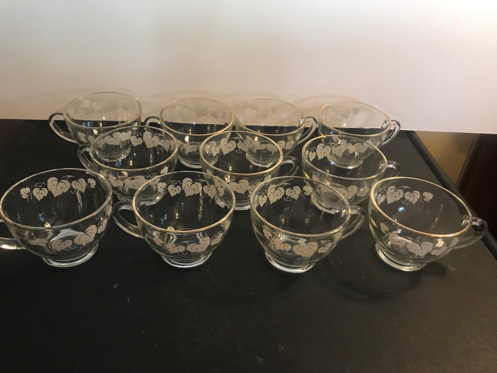 Vintage Glass Gooseberries Print Punch Bowl Set White Leaves with Gold Rim