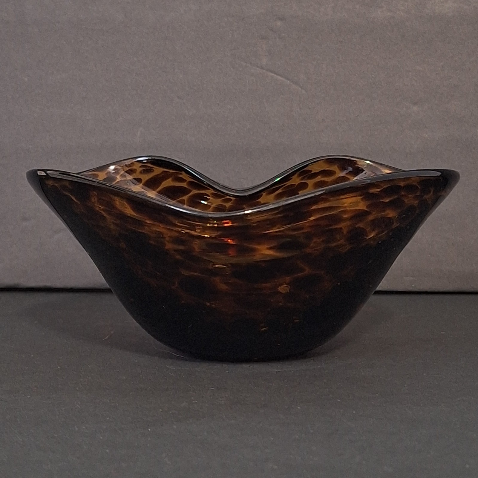 Art Glass Bowl Heart Tortoise Shell Amber Brown Marbled Leapard Design
