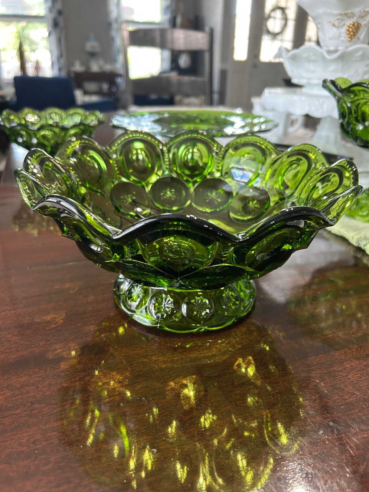 Vintage 4pc L.E. Smith Green Moon & Stars Set Cake Pedestal 2 Bowls 1 Compote