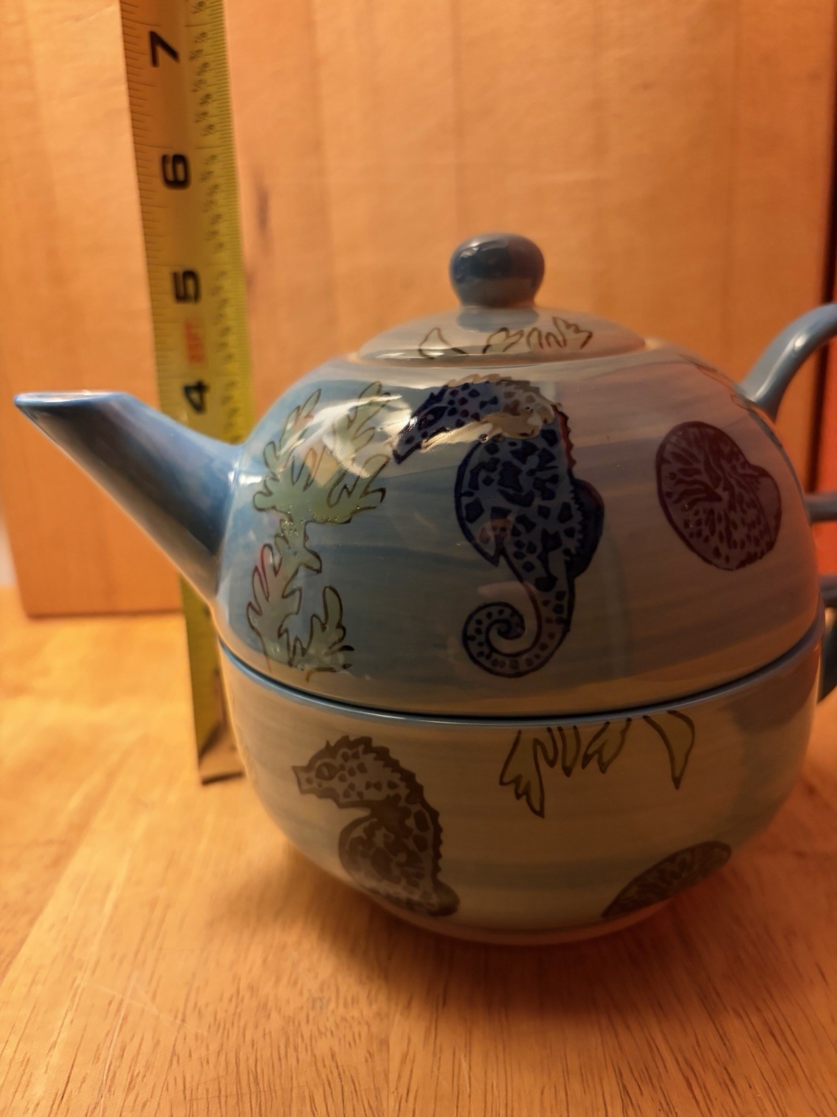 Yokohama Studio Hand Painted Blue/White Seahorse Ceramic Teapot w/ Lid Glossy