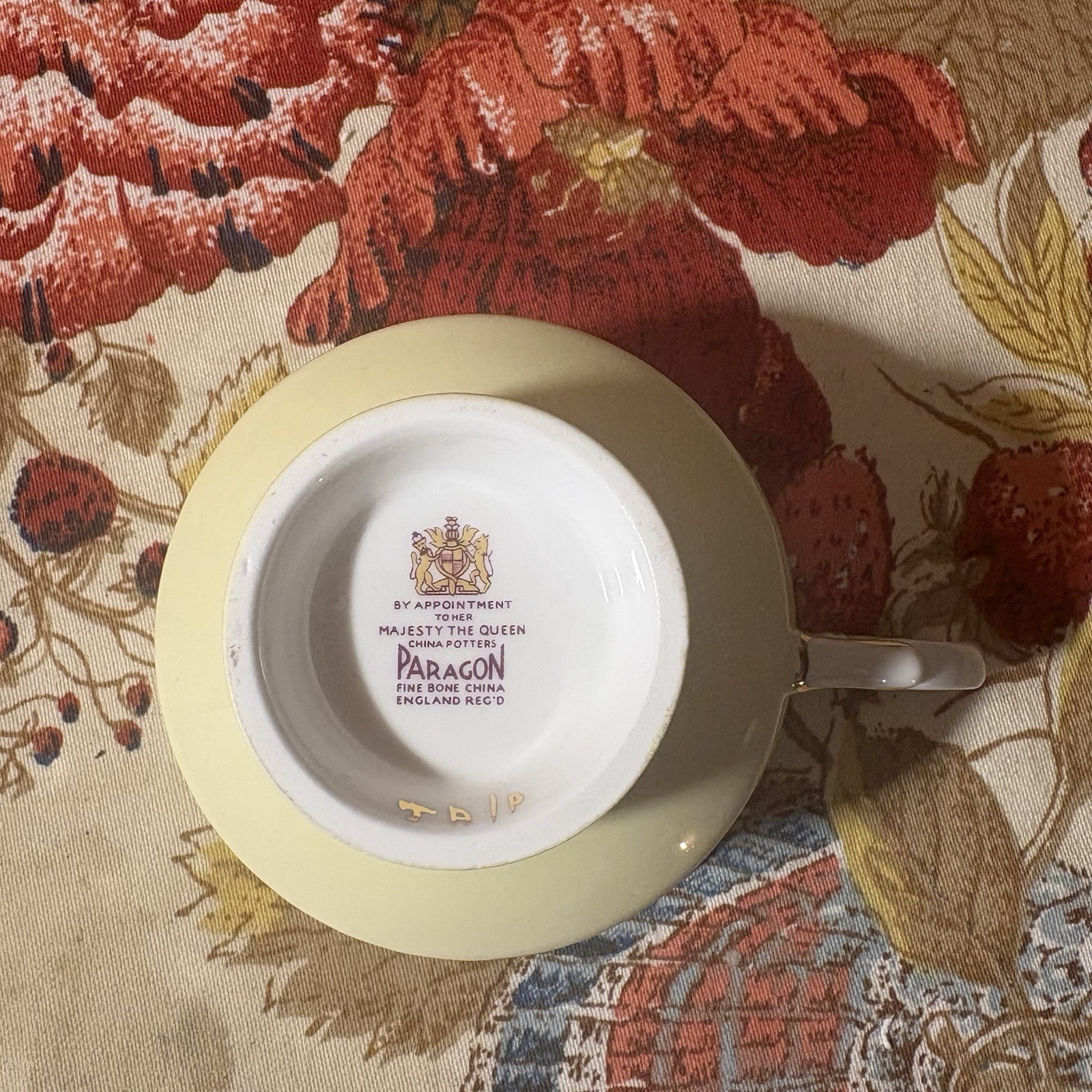 Paragon Tea Cup and Saucer 40s Pale Yellow With Pink Rose And Fruits Vintage