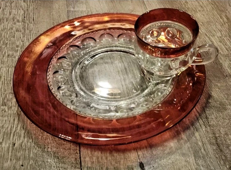 Vintage Ruby Flashed Snack Plate & Cup Set Kings Crown Thumbprint Glass Tiffin